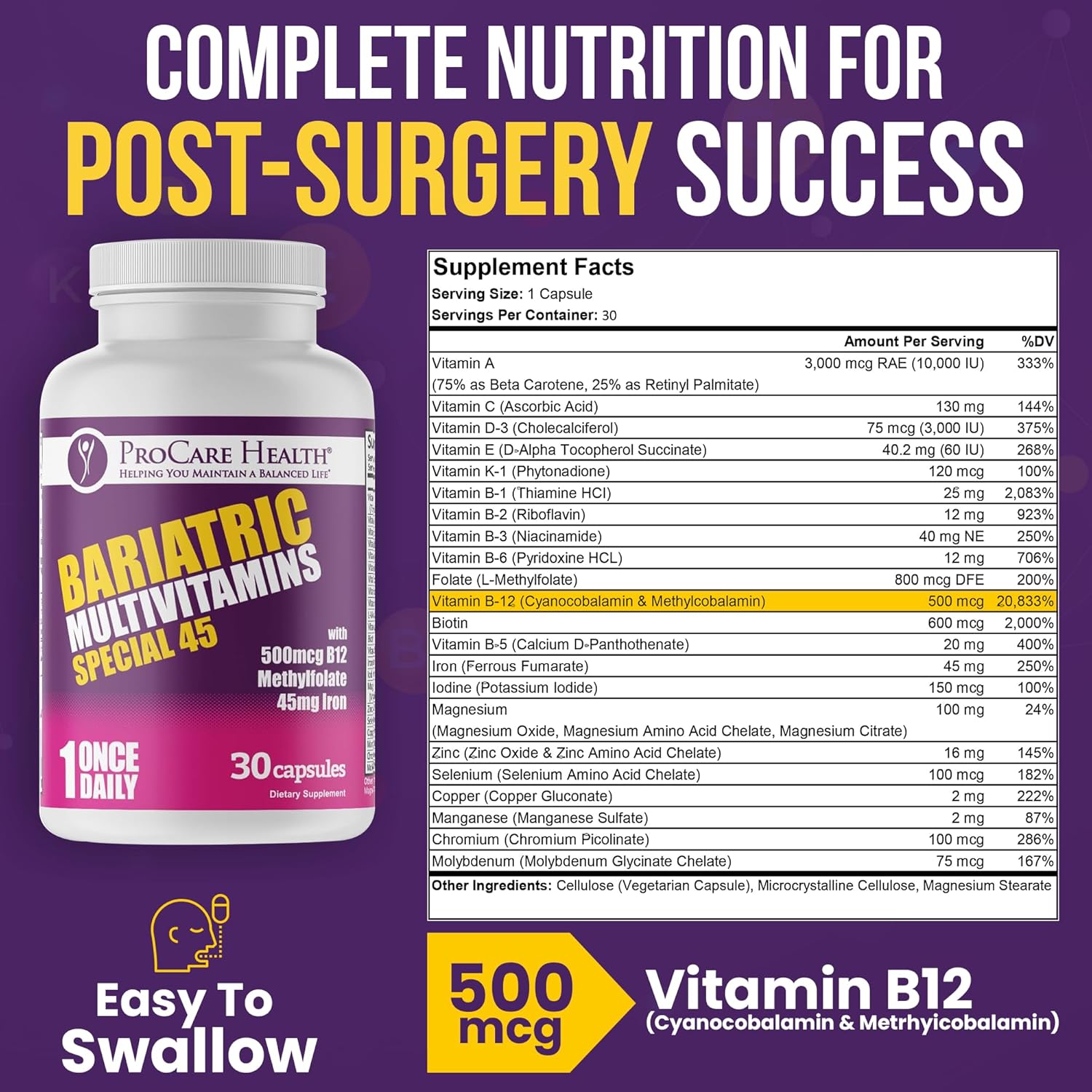 Bariatric Multivitamin with Iron & B12 for Post-Op Recovery - 30 Capsules for Gastric Bypass & Sleeve Patients, Sustains Energy - 1 Month Supply