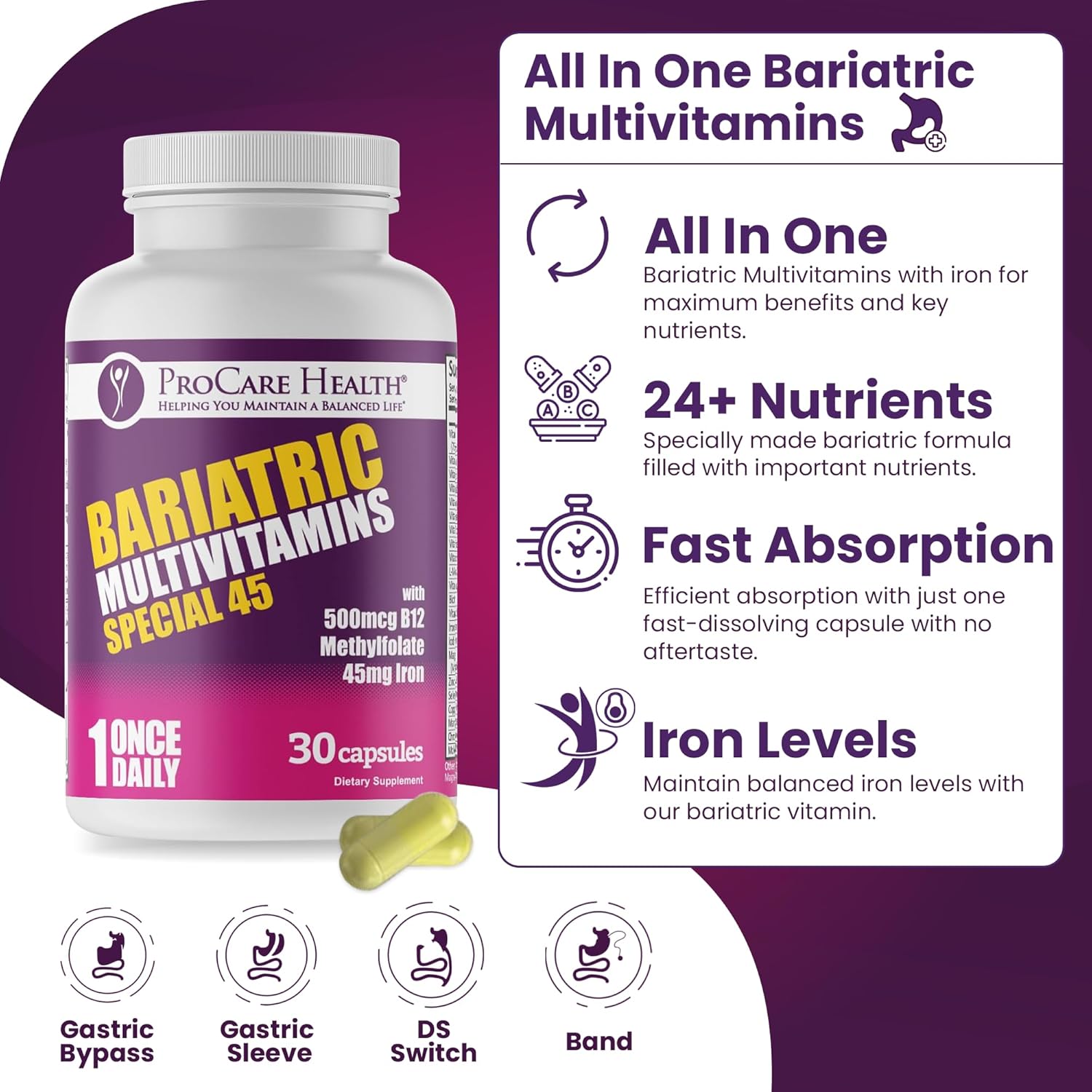 Bariatric Multivitamin with Iron & B12 for Post-Op Recovery - 30 Capsules for Gastric Bypass & Sleeve Patients, Sustains Energy - 1 Month Supply