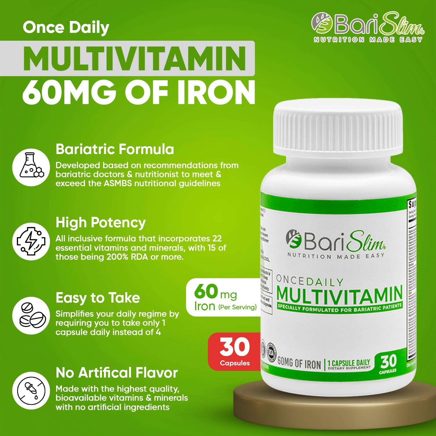 BariSlim Once Daily Bariatric Multivitamin Capsule with Iron - Post Bariatric Surgery Supplement - 30 Day Supply