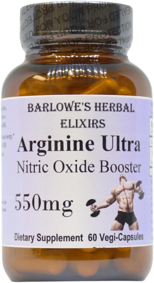 Barlowe's Herbal Elixirs Arginine Ultra Capsules - Nitric Oxide Booster with Nitrosigine - 550mg - Vegan, Kosher, Halal Certified - Stearate Free - Glass Bottle
