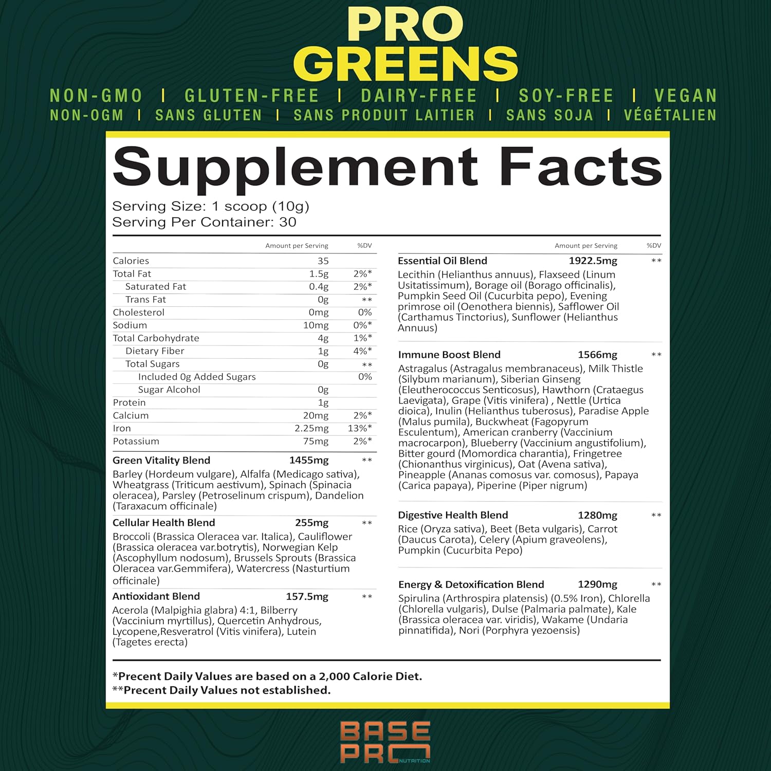 Base Pro Nutrition Pineapple Pro Greens Powder - 300g, 30 Servings - Vegan Superfood for Digestive Health & Antioxidant Support
