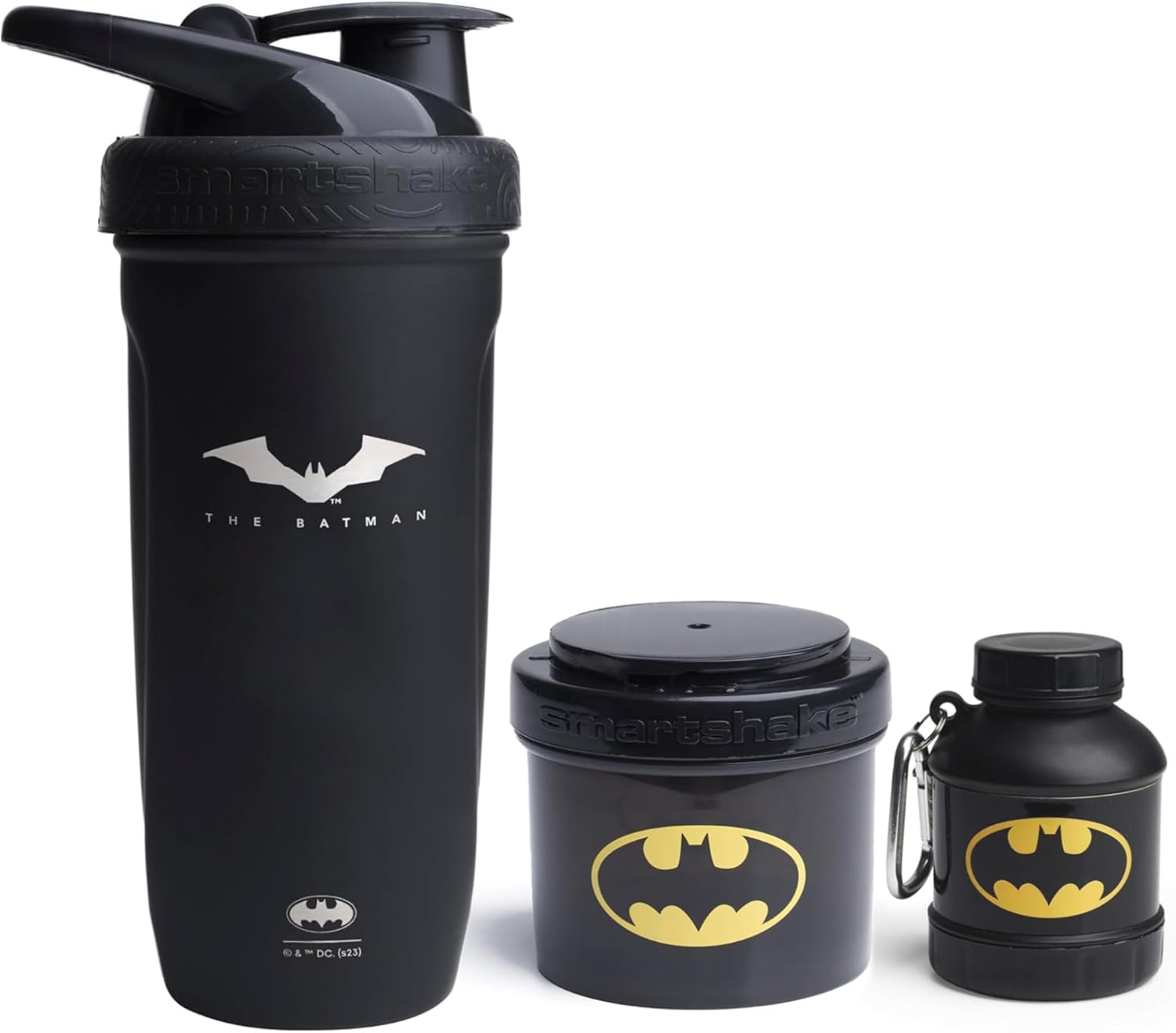 Batman Stainless Steel Protein Shaker Bundle with Funnel and Storage Containers - 900ml Shaker, 110ml Funnel, 200ml Containers