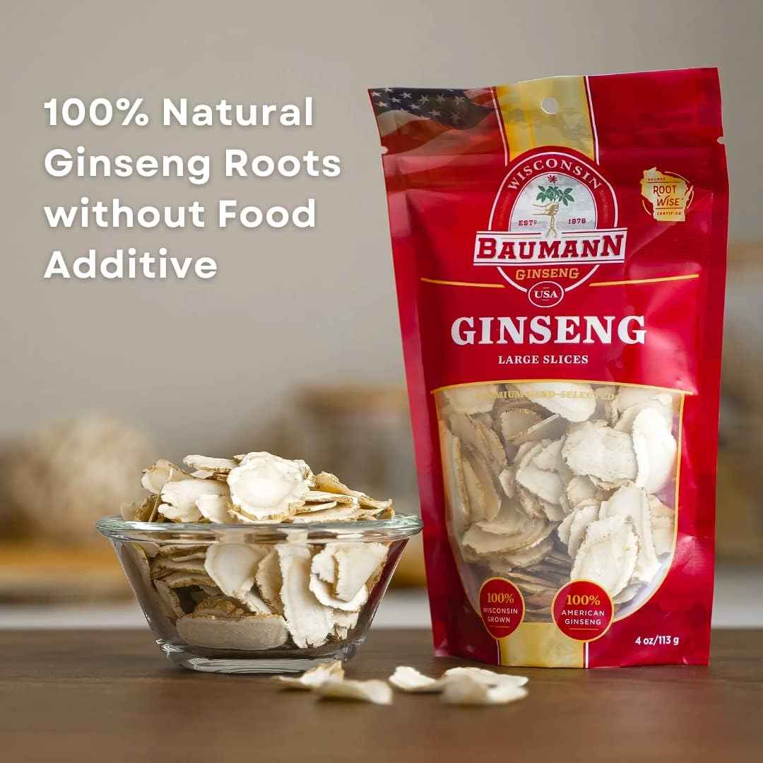 Baumann Wisconsin Ginseng - Large Slices 4 oz - 100% Natural Panax Ginseng Herb, Pure Dried American Ginseng for Immune Support, Enhanced Focus and Energy