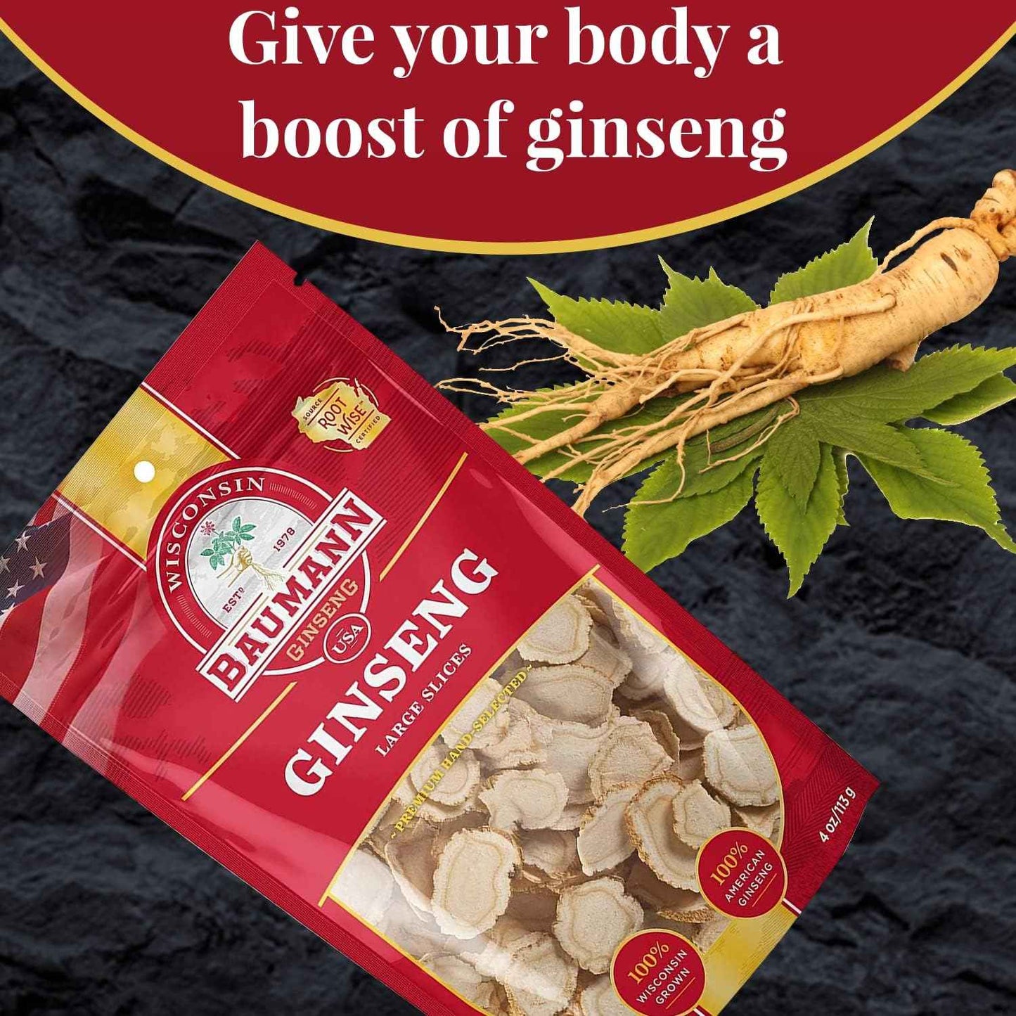 Baumann Wisconsin Ginseng - Large Slices 4 oz - 100% Natural Panax Ginseng Herb, Pure Dried American Ginseng for Immune Support, Enhanced Focus and Energy