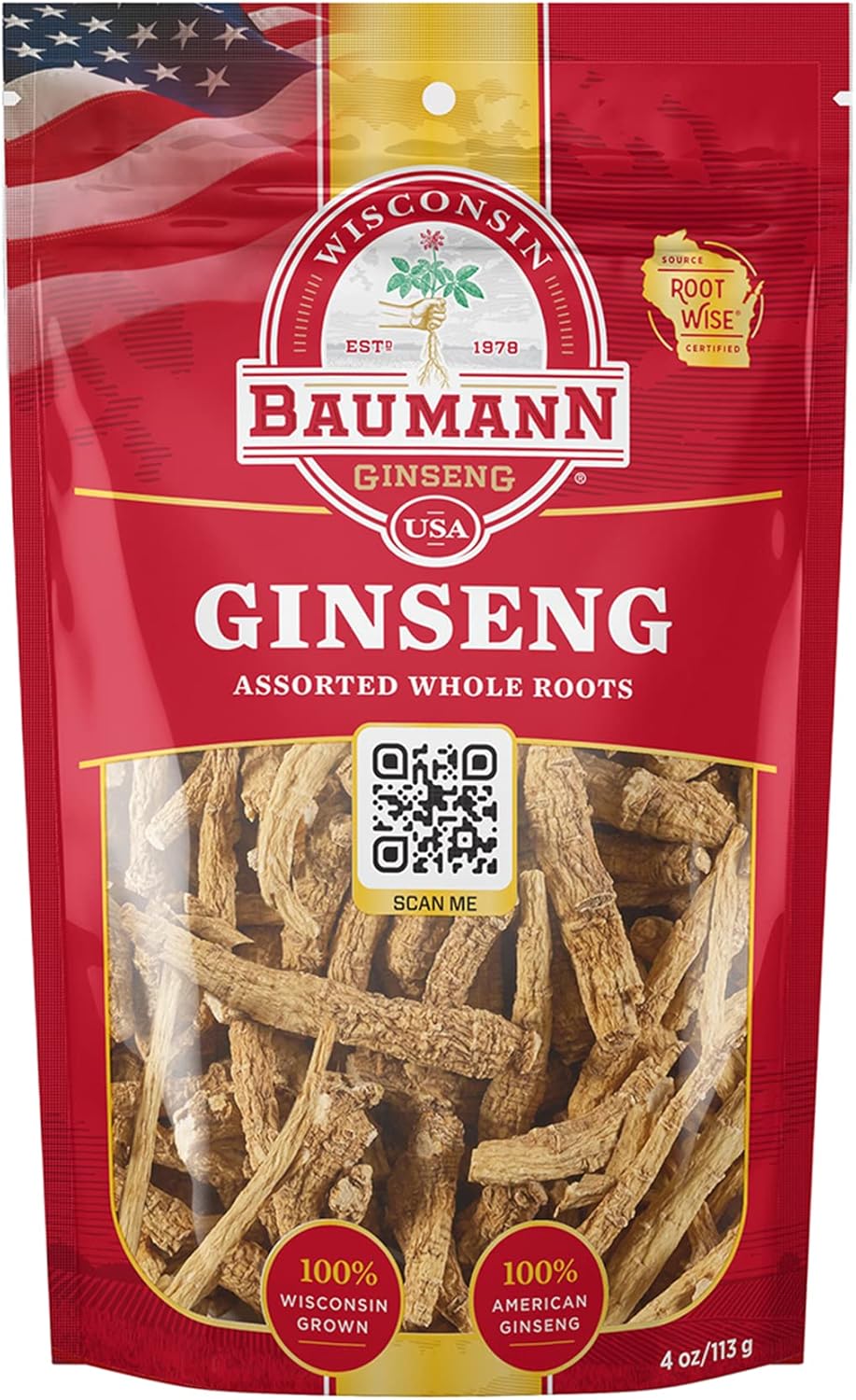 Baumann Wisconsin Ginseng Assorted Whole Roots 4 oz - 100% Natural Panax Ginseng Herb, Pure Dried American Ginseng for Energy Boost