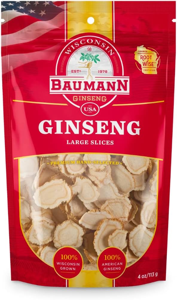 Baumann Wisconsin Ginseng Large Slices 4 oz - 100% Natural Panax Ginseng Herb for Immune Support and Energy Boost
