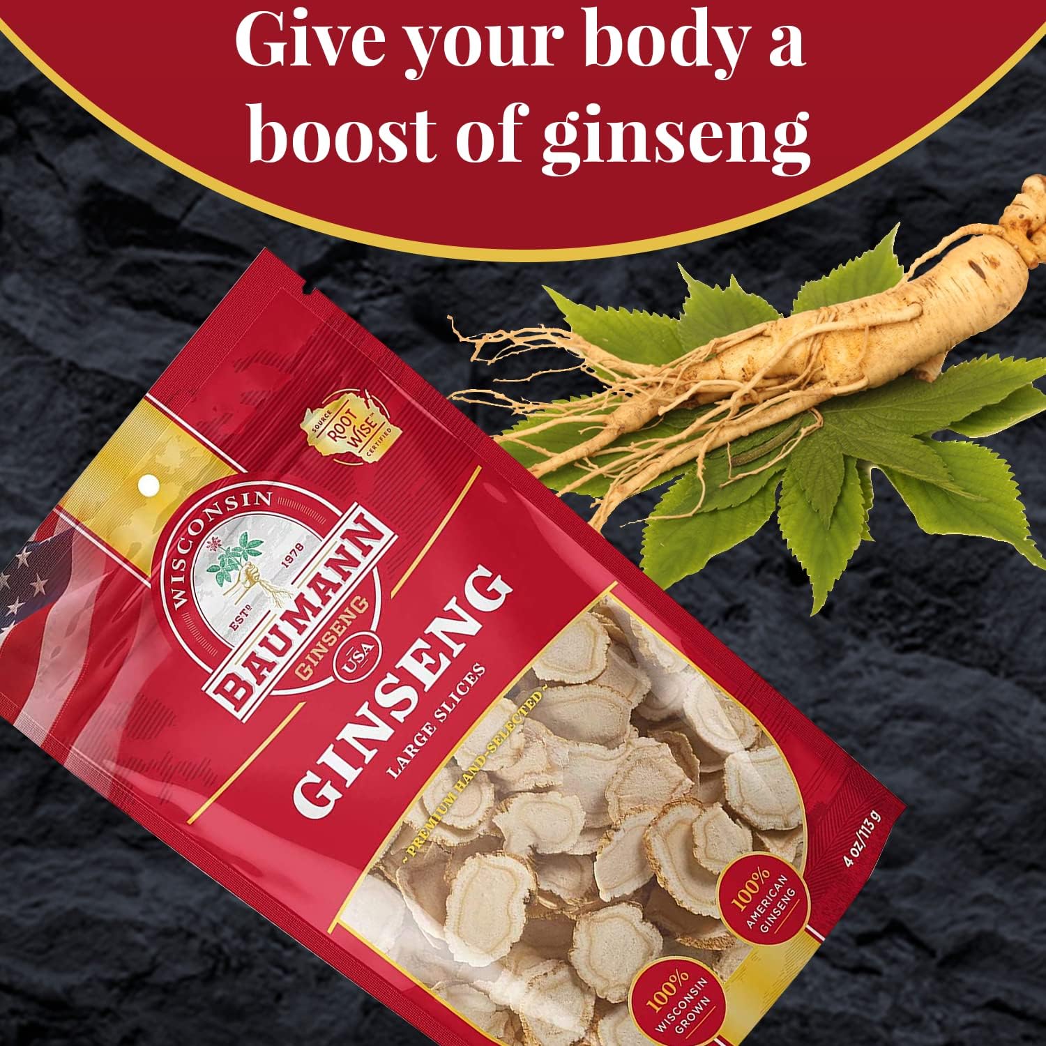 Baumann Wisconsin Ginseng Large Slices 4 oz - 100% Natural Panax Ginseng Herb for Immune Support and Energy Boost