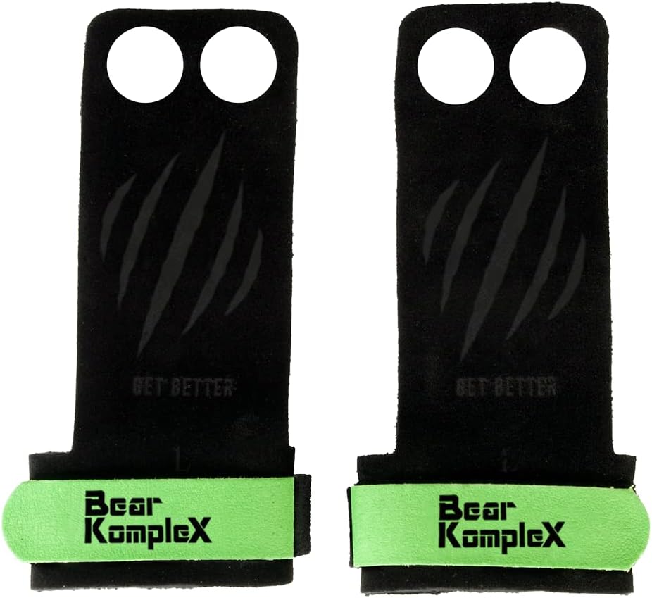 Bear KompleX Leather Hand Grips with Wrist Wraps for Crossfit, Weightlifting, WOD - 2 Hole Palm Grips for Hand Protection - 1 Pair