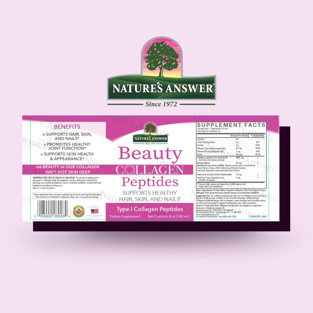 Beauty Collagen Peptides for Hair, Skin & Nails Support - 8oz Bottle, Gluten-Free, Alcohol-Free, Non-GMO, Cruelty-Free