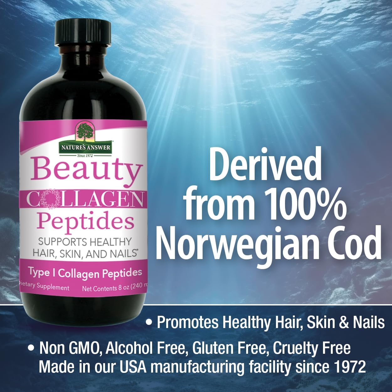 Beauty Collagen Peptides for Hair, Skin & Nails Support - 8oz Bottle, Gluten-Free, Alcohol-Free, Non-GMO, Cruelty-Free