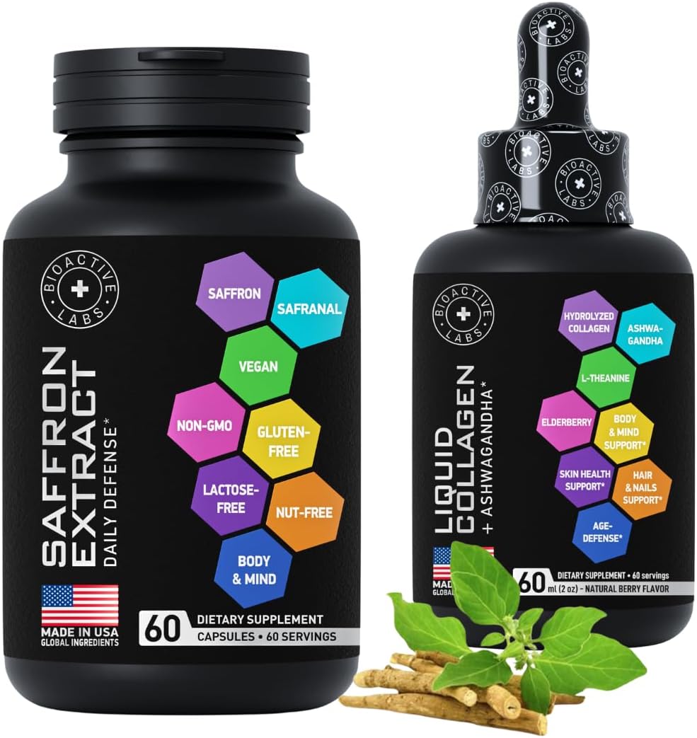 Beauty & Energy Support Bundle: Liquid Collagen, Ashwagandha & Saffron Extract Capsules by BIOACTIVE LABS