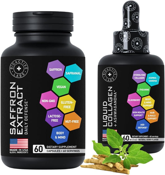 Beauty & Energy Support Bundle: Liquid Collagen, Ashwagandha & Saffron Extract Capsules by BIOACTIVE LABS