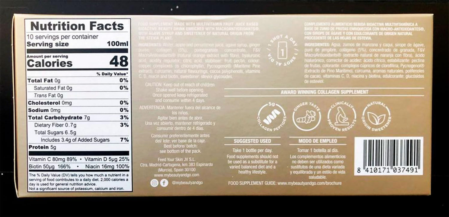 Beauty&Go Skin Shot 30-Day Treatment - Liquid Collagen Supplement - Anti-Ageing Beauty Drink - Collagen 5000mg, Hyaluronic Acid, Biotin - 30 Bottles x 100ml - Vitamins & Antioxidants