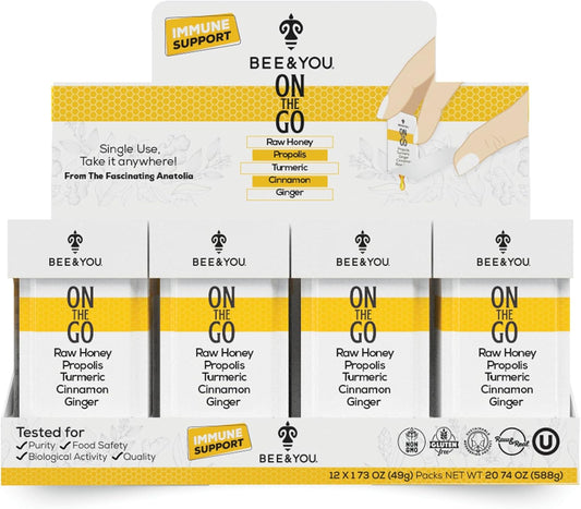 BEE & YOU On The Go Immune Support Supplement with Raw Honey, Propolis, Turmeric, Cinnamon, Ginger - Superfood for Kids & Adults - 12 Pack of 1.73 oz Each