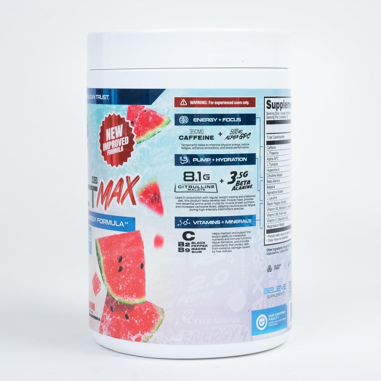 Believe Supplements Pump Addict Max Pre-Workout Powder - Watermelon Flavor for Improved Energy, Focus, and Endurance (40 Servings)