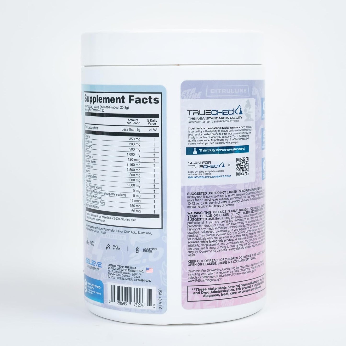 Believe Supplements Pump Addict Max Pre-Workout Powder - Watermelon Flavor for Improved Energy, Focus, and Endurance (40 Servings)