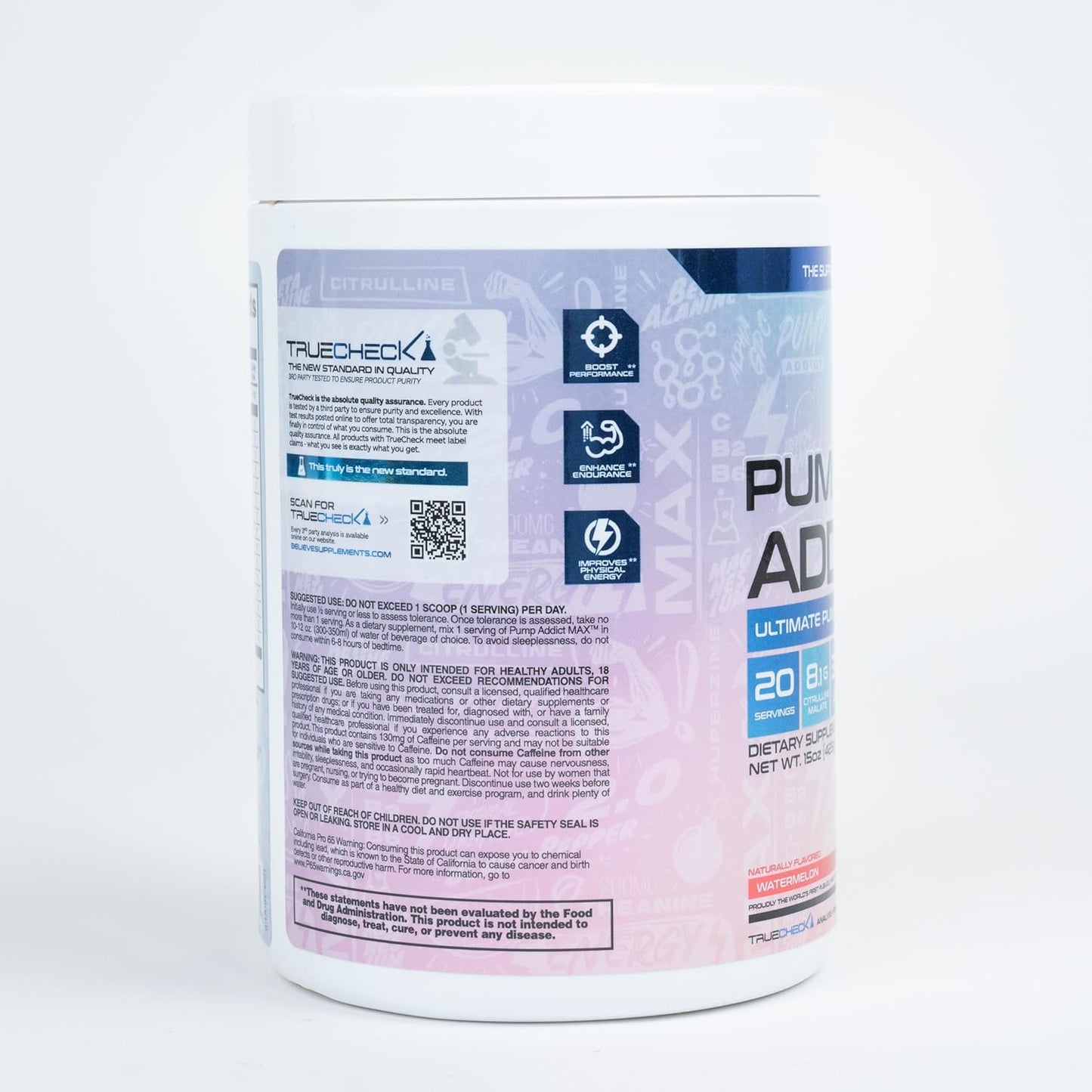 Believe Supplements Pump Addict Max Pre-Workout Powder - Watermelon Flavor for Improved Energy, Focus, and Endurance (40 Servings)