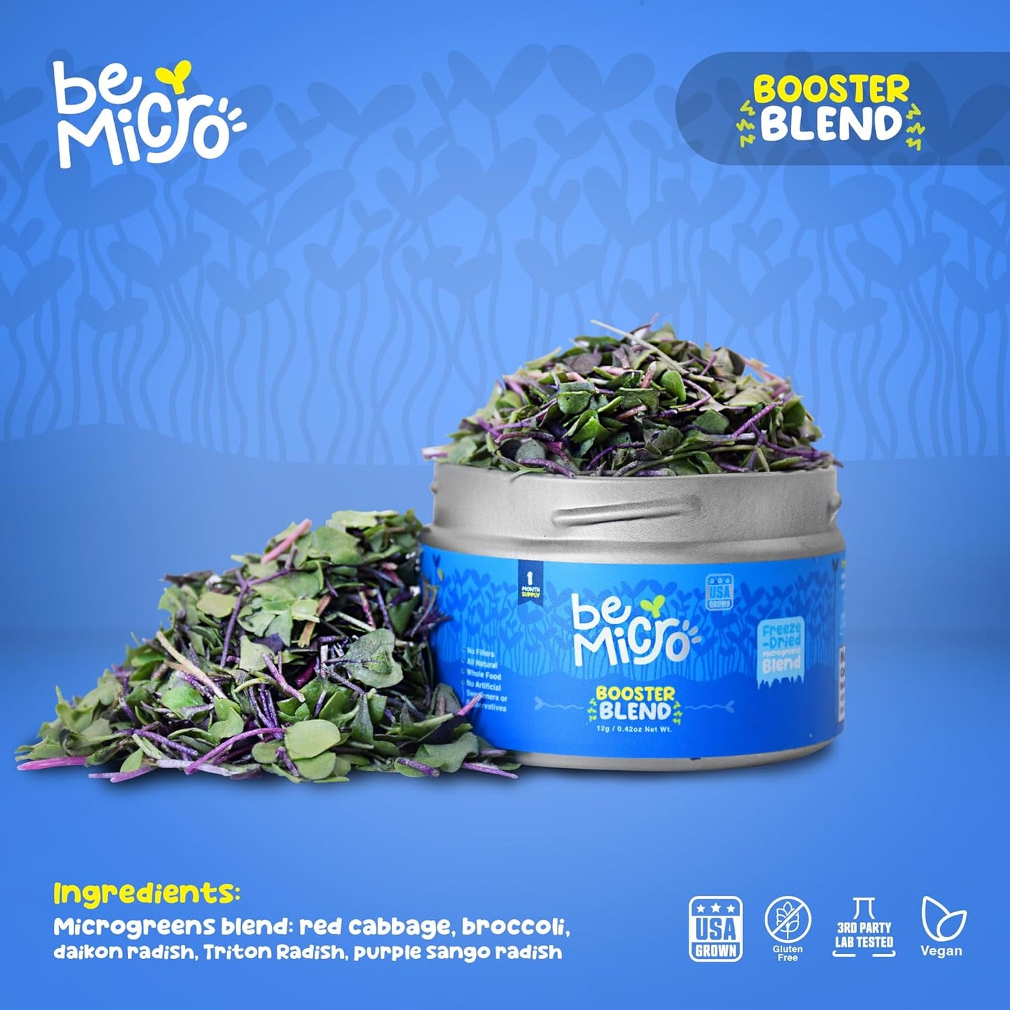 BeMicro Whole Food Microgreens - US Grown Broccoli, Cabbage, and Radish Microgreens for Nrf2 Activation and Cellular Health - 12g Pack