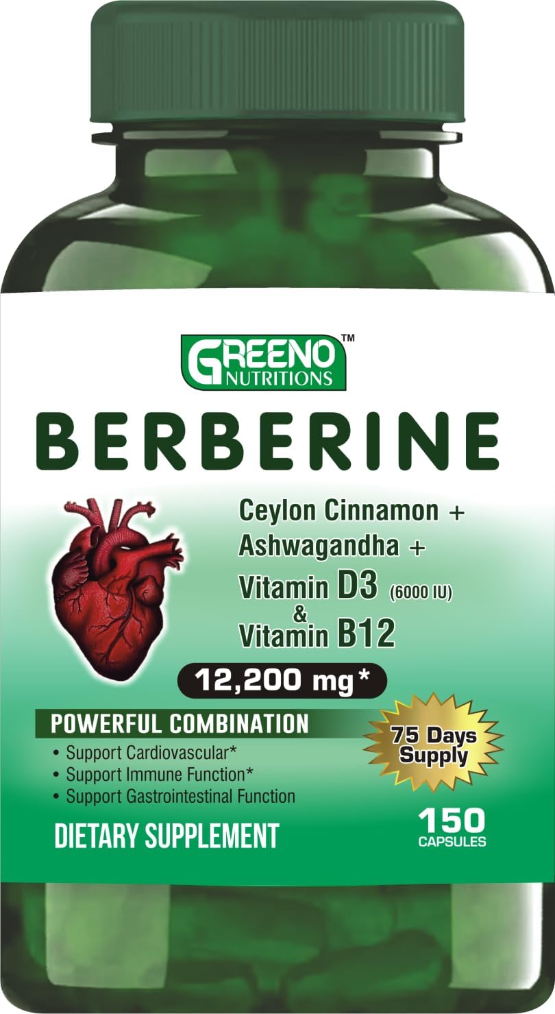 Berberine 12200mg with Ceylon Cinnamon Ashwagandha Vitamin D13 and B12 for Immune and Heart Support - 75 Days Supply - 150 Count