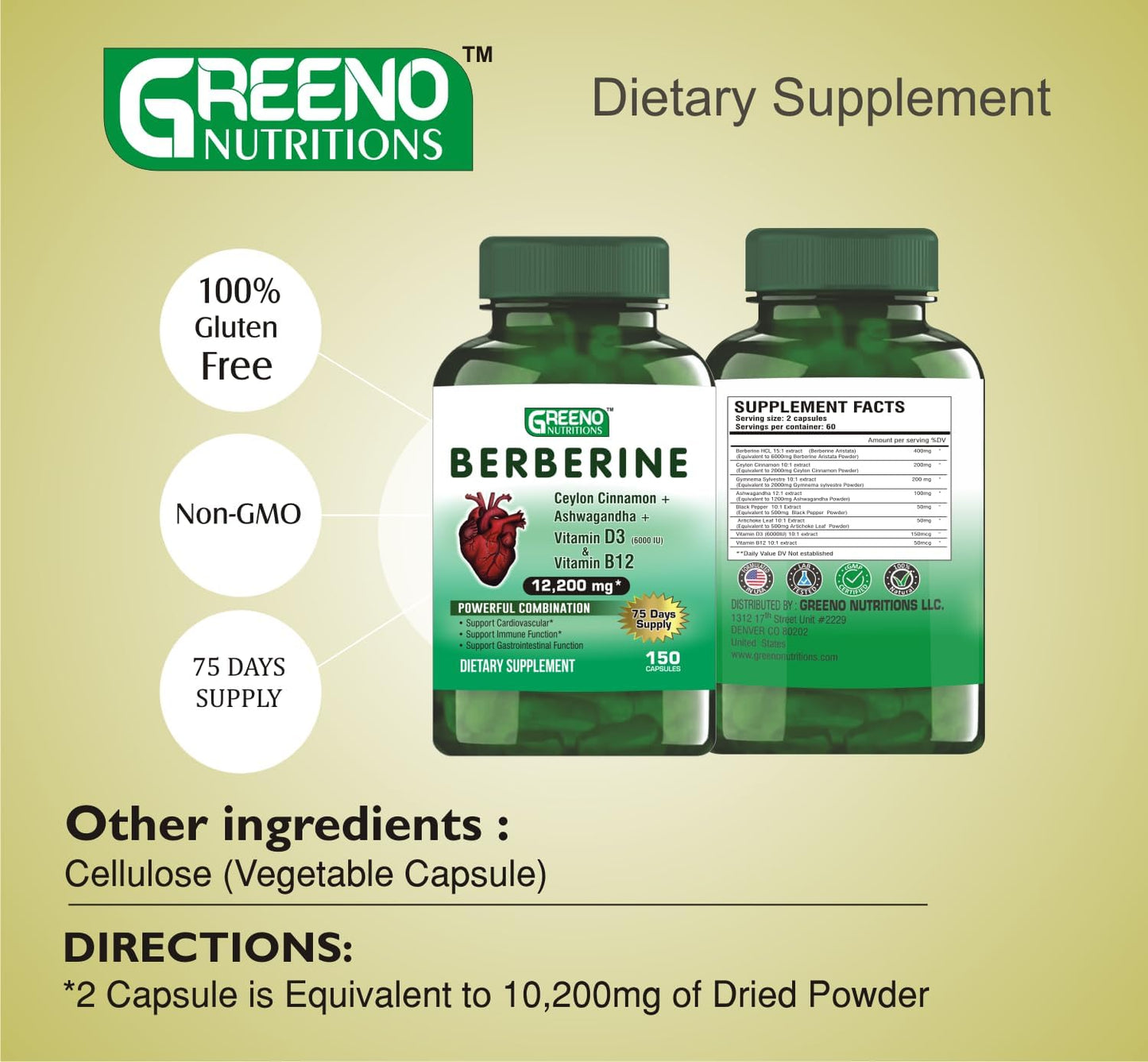 Berberine 12200mg with Ceylon Cinnamon Ashwagandha Vitamin D13 and B12 for Immune and Heart Support - 75 Days Supply - 150 Count