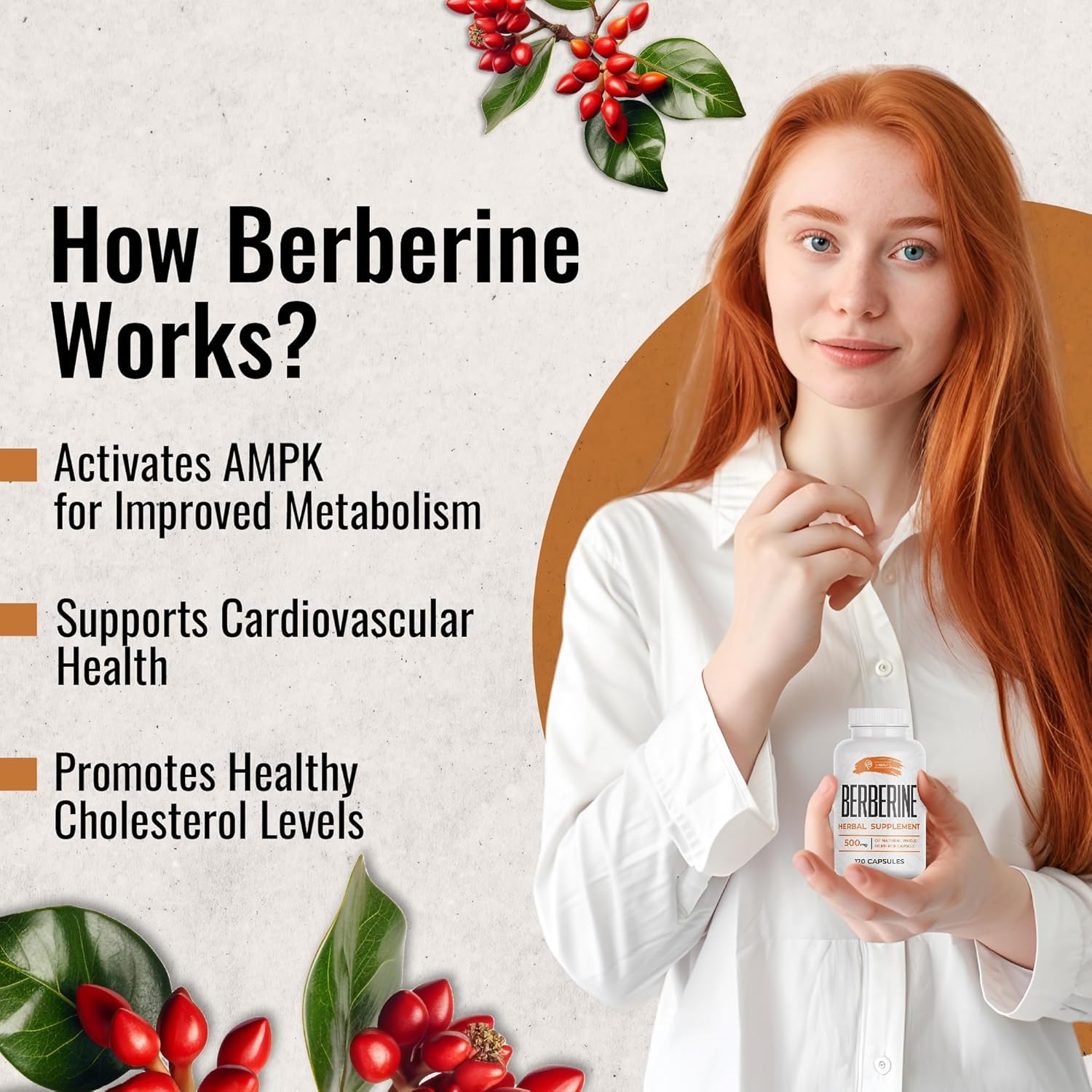 Berberine HCL Dietary Supplement for Immune Support, Heart Health, Cholesterol - 500mg Capsules for Men and Women - Non-GMO - 120 Count