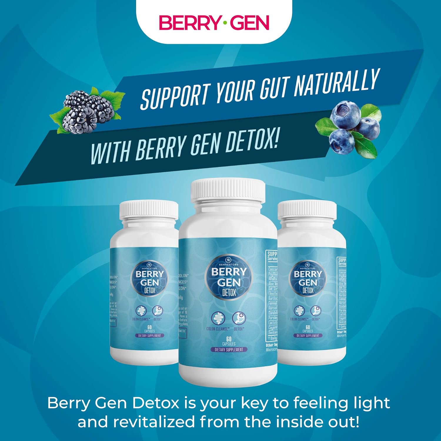 Berry Gen Detox Herbal Supplement with Probiotics, Aloe Vera, Psyllium Husk, and Parsley - 60 Capsules - Natural Digestive Support Formula - USA Made