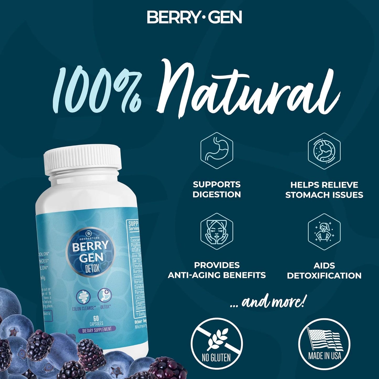 Berry Gen Detox Herbal Supplement with Probiotics, Aloe Vera, Psyllium Husk, and Parsley - 60 Capsules - Natural Digestive Support Formula - USA Made