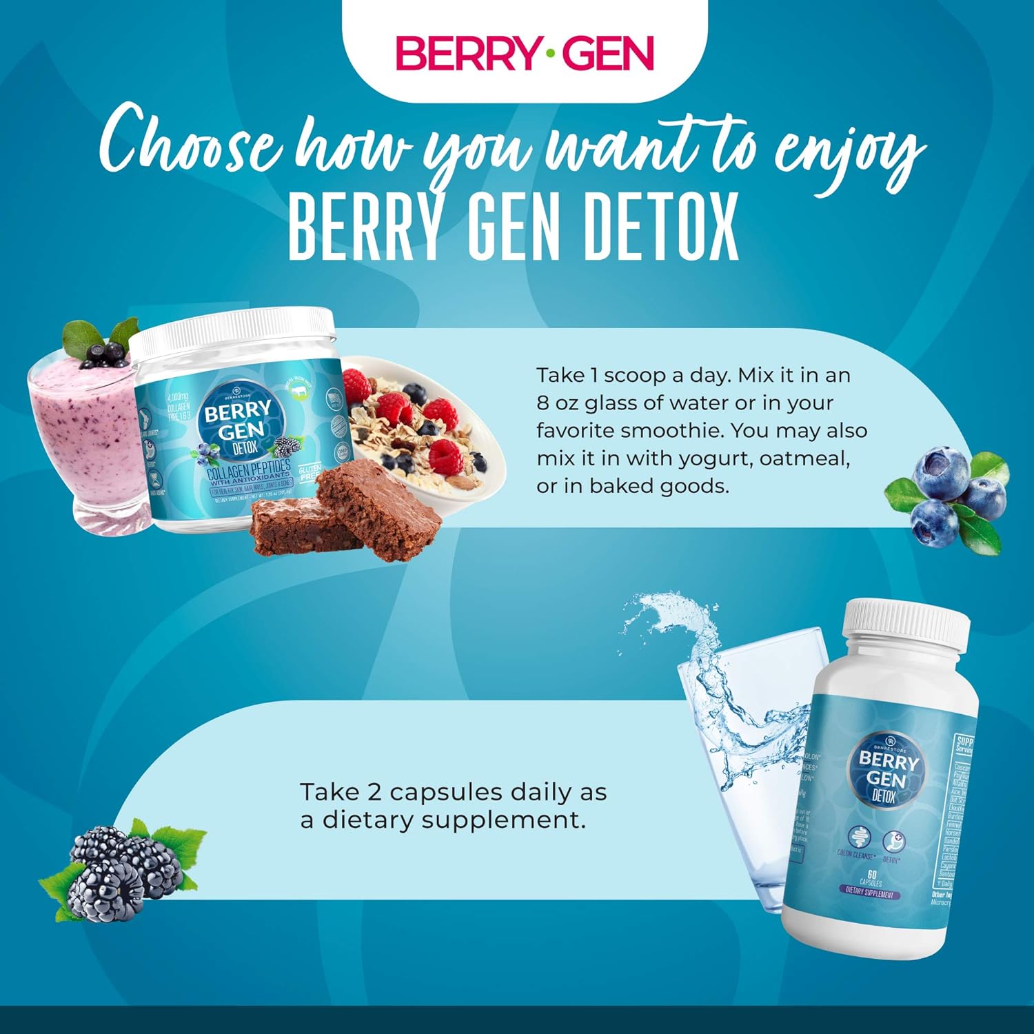Berry Gen Detox Herbal Supplement with Probiotics, Aloe Vera, Psyllium Husk, and Parsley - 60 Capsules - Natural Digestive Support Formula - USA Made