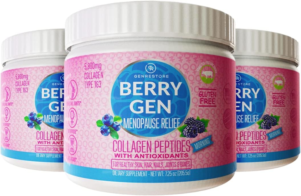 Berry Gen Menopause Morning Collagen Powder - Type 1 & 3 Collagen with Antioxidants - Energy Support & Comfort Relief - Made in USA - 90 Servings (3 Pack)