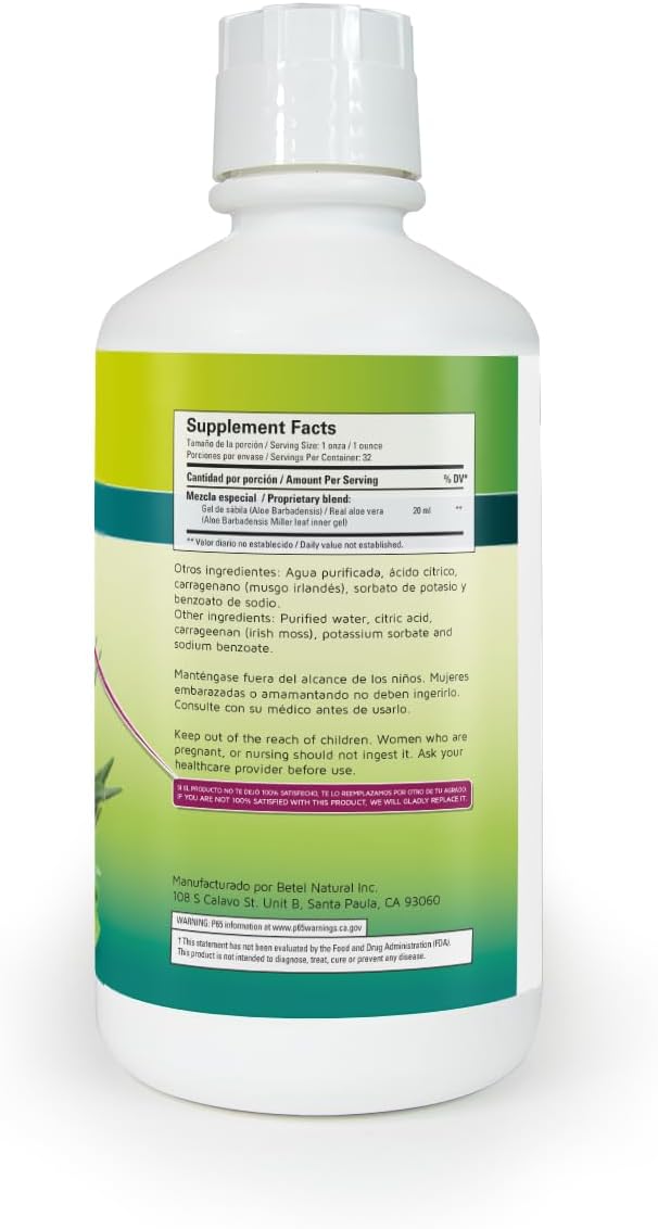 Betel Natural Aloe Vera Gel - Premium Gastric Support - 32 Oz Bottle