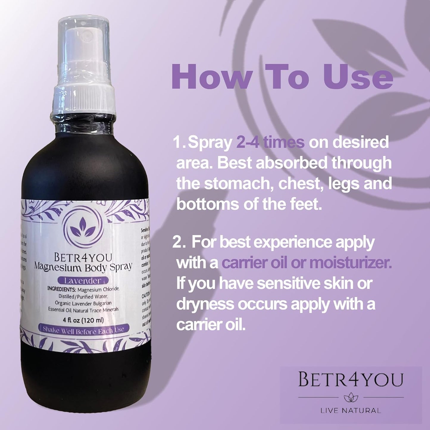 BETR4YOU Official Topical Magnesium Body Spray - Viral TikTok Lavender Spray - 4 Fl Oz
