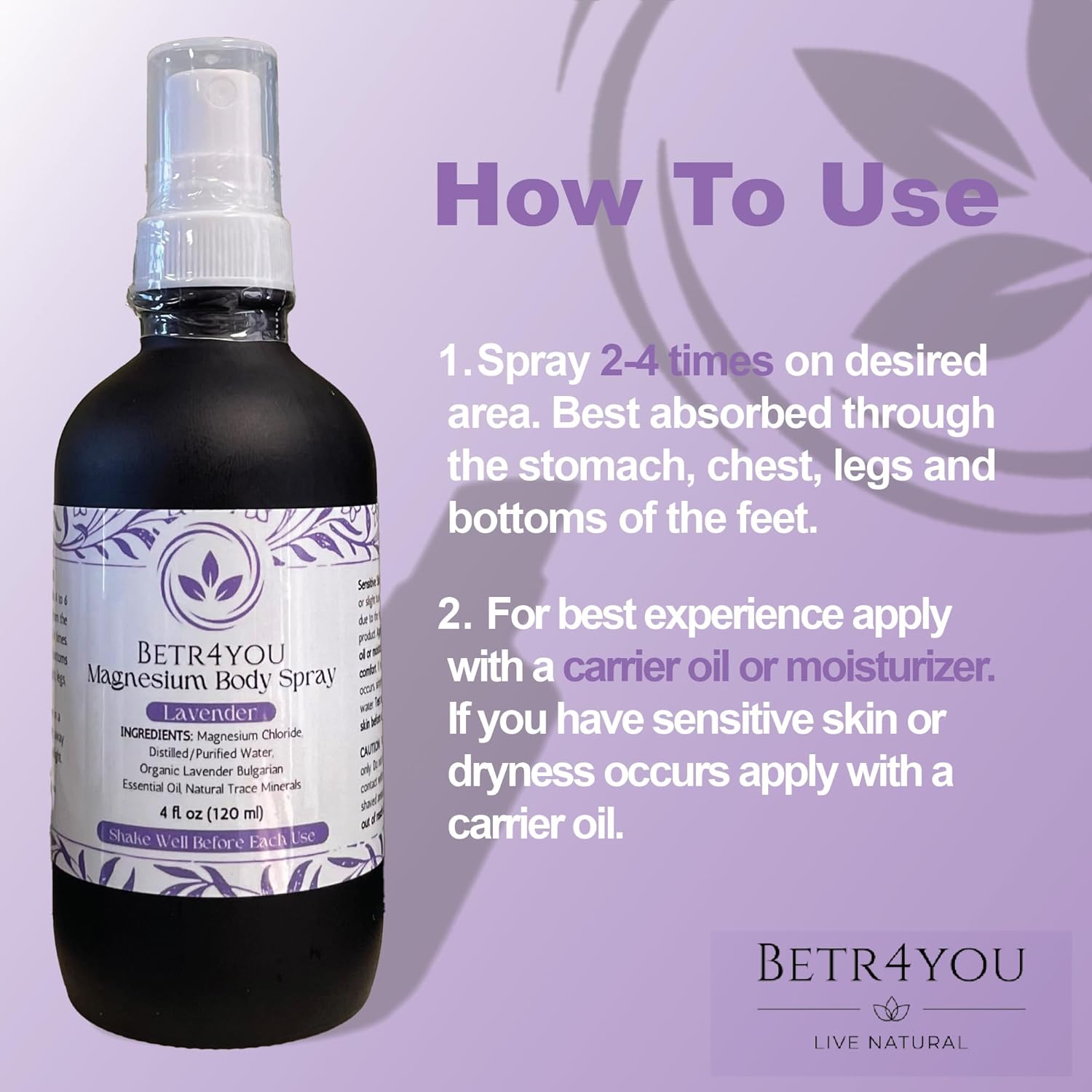 BETR4YOU Official Topical Magnesium Body Spray - Viral TikTok Lavender Spray - 4 Fl Oz