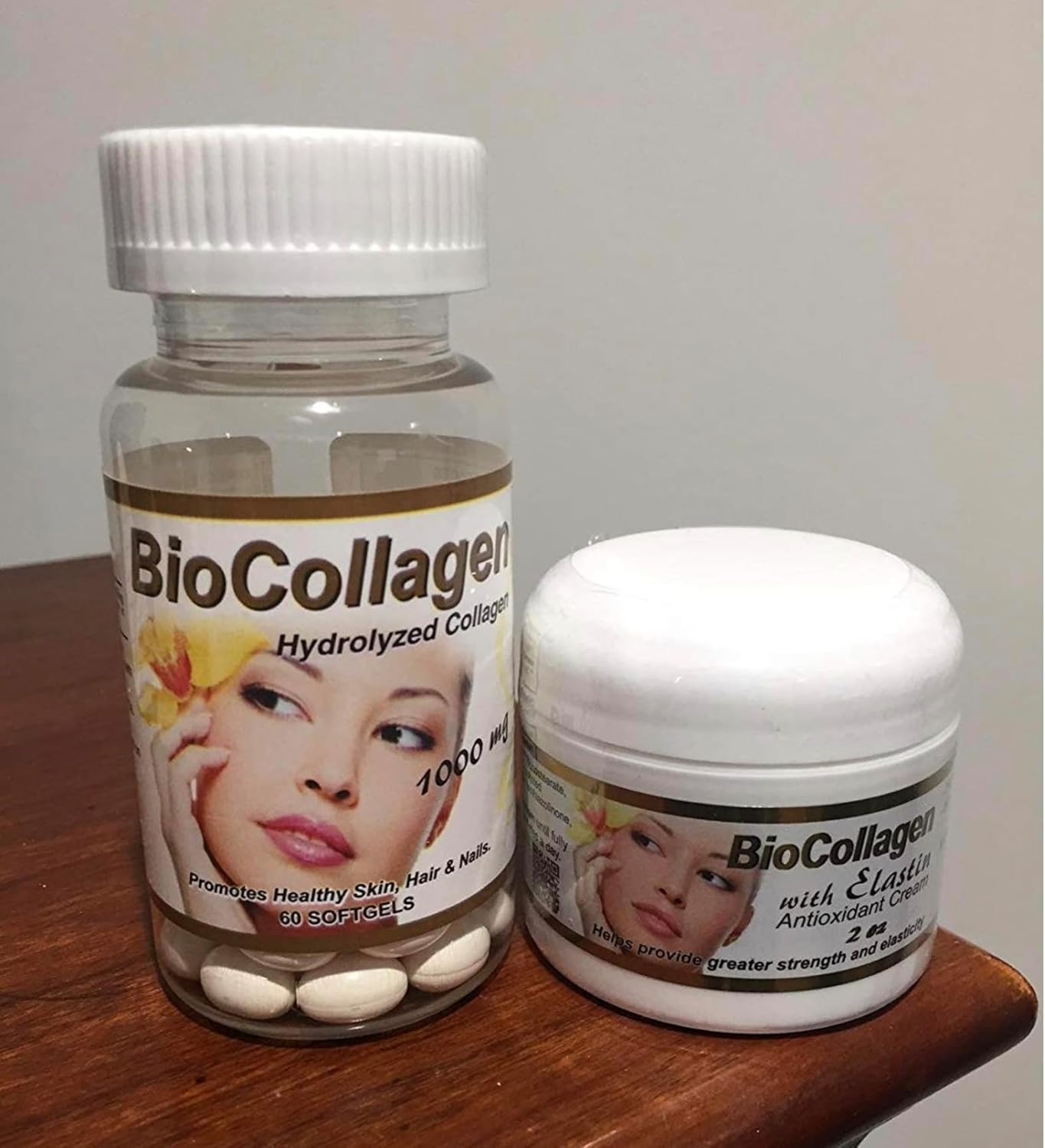 Bio Collagen Set: Hydrolyzed Collagen Capsules & Antioxidant Cream for Healthy Skin, Hair, and Nails - 2 oz Cream, 1000mg Capsules - Pack of 2
