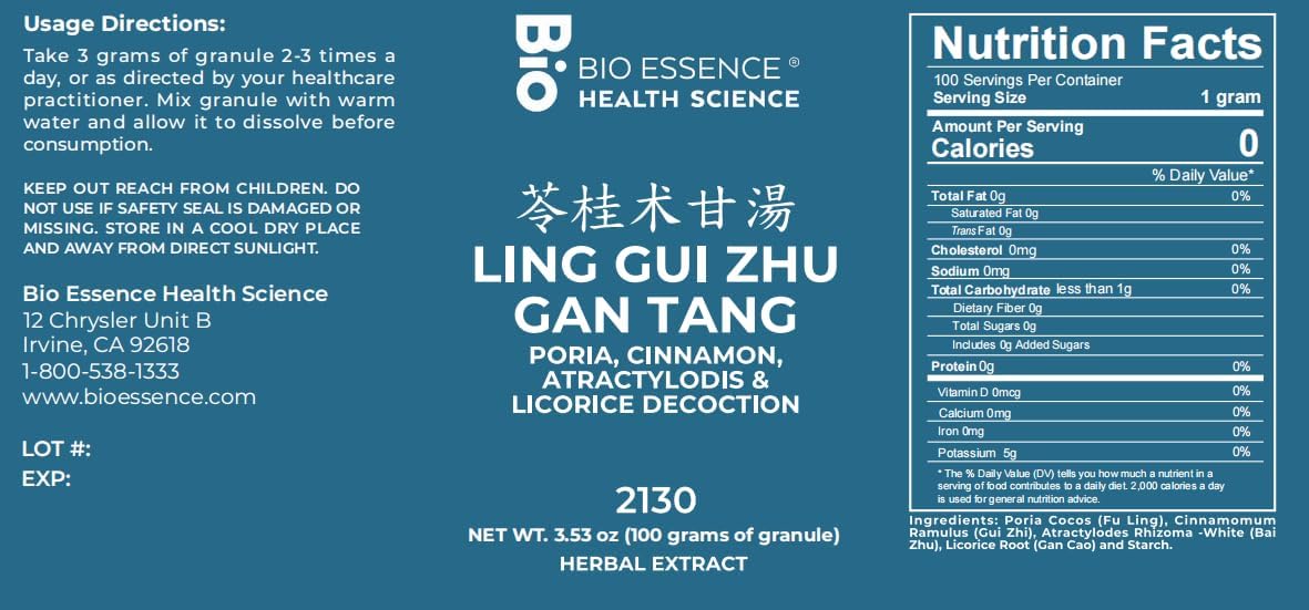 Bio Essence Health Science 2130 Ling GUI Zhu Gan Tang Herbal Decoction with Poria, Cinnamon, Atractylodis, and Licorice