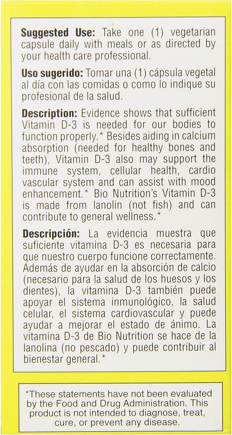 Bio Nutrition High Potency Vitamin D3 12000 IU Vegetarian Capsules, 50 Count
