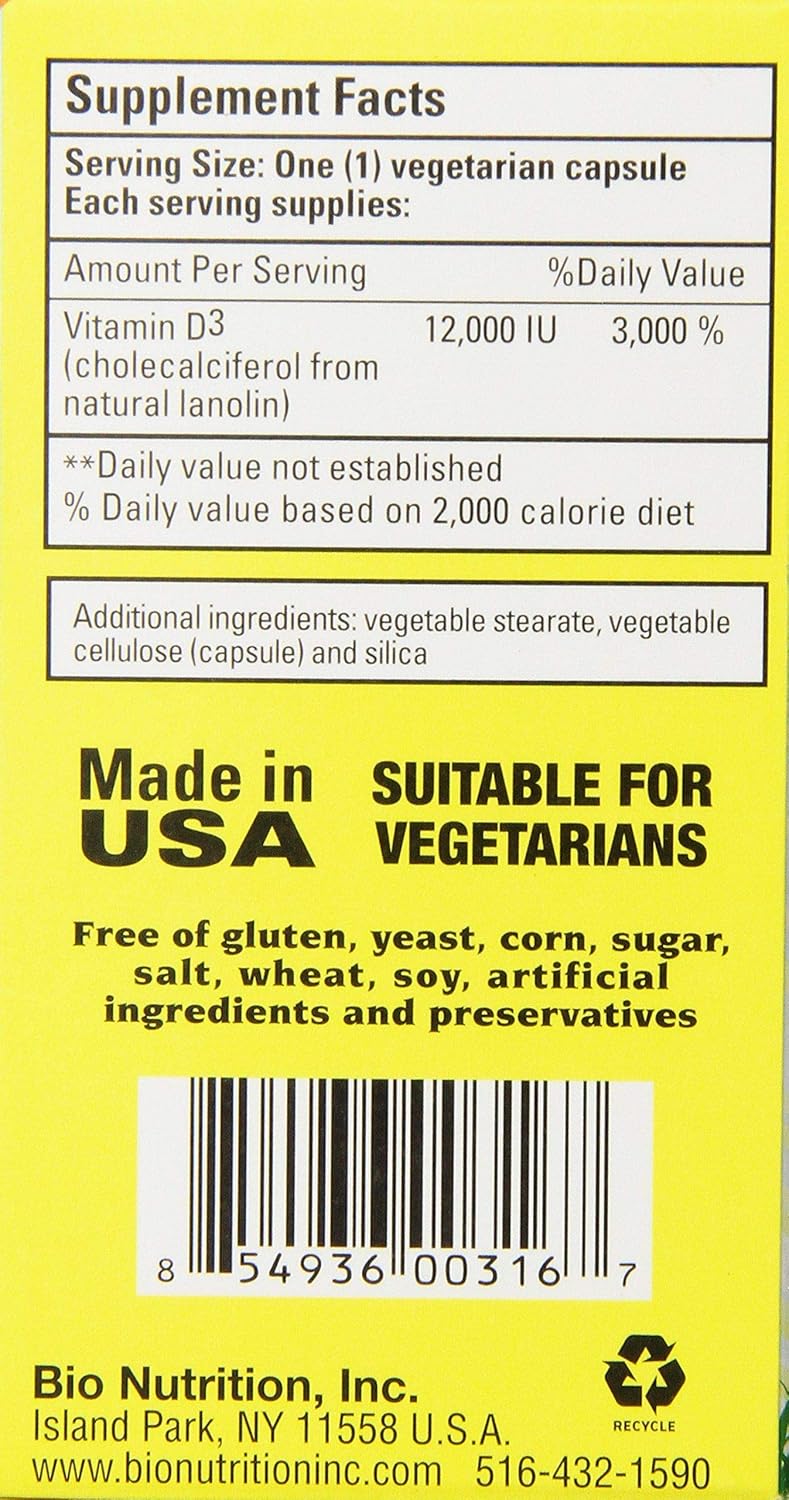 Bio Nutrition High Potency Vitamin D3 12000 IU Vegetarian Capsules, 50 Count