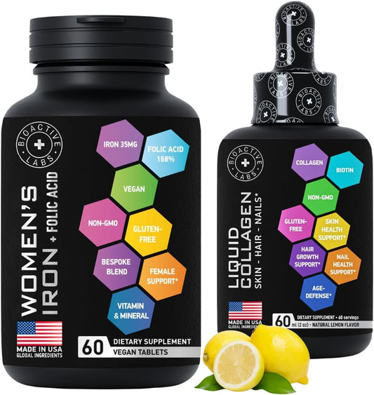 BIOACTIVE LABS Women's Iron, Folic Acid, and Liquid Collagen Bundle for Anemia, Pregnancy, and Beauty Support