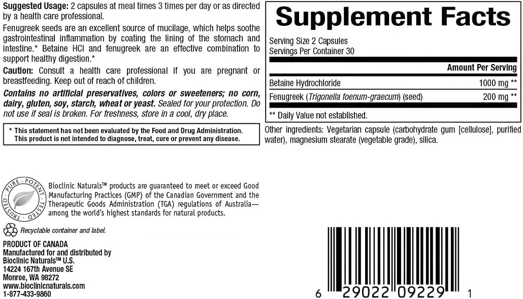 Bioclinic Naturals Betaine HCL with Fenugreek Capsules - 60 Vegetarian Capsules