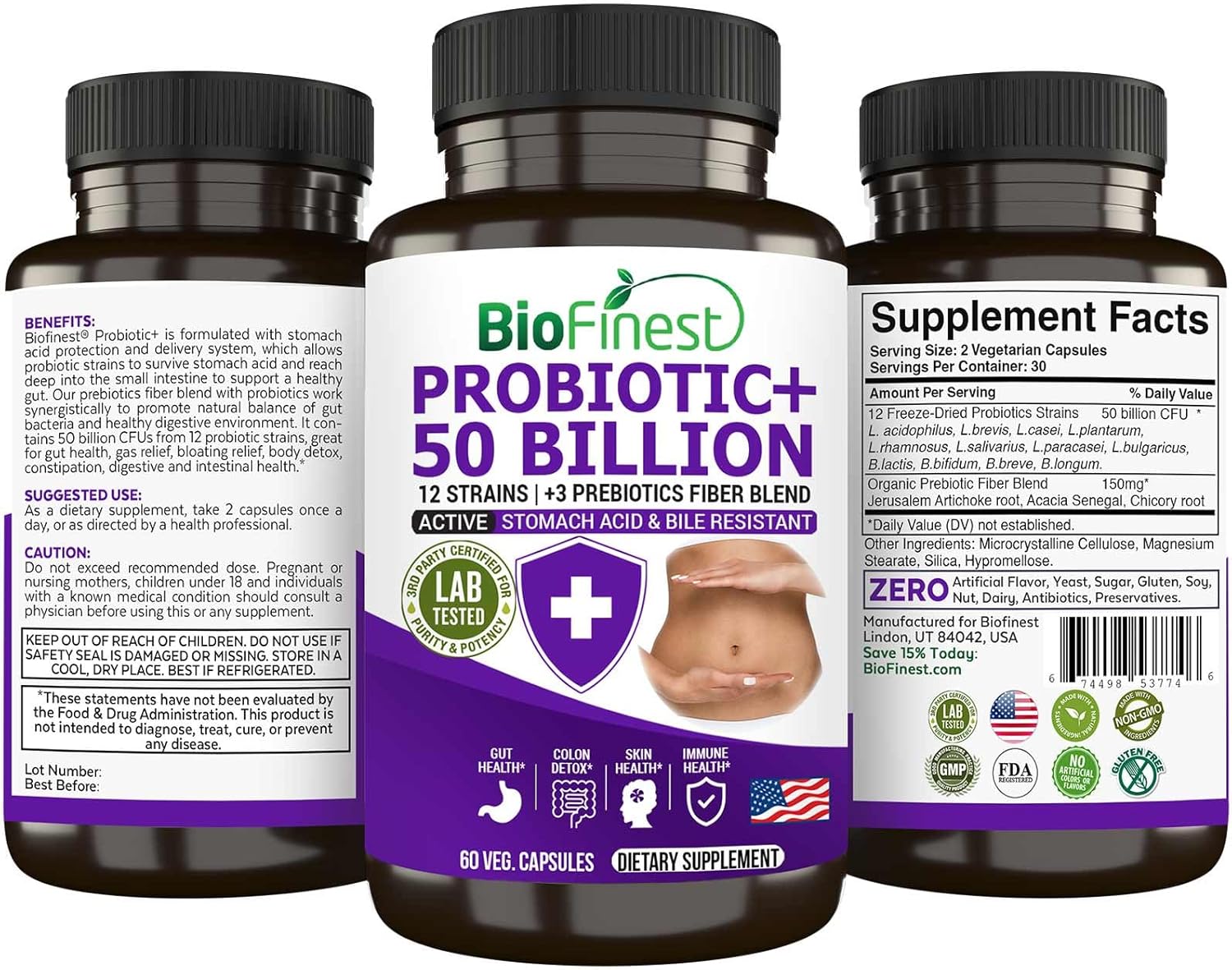 BioFinest Probiotic Enzyme Supplement - 50 Billion CFU, 12 Strains, 3 Prebiotics - Digestion Support for Men and Women - Acidophilus - 60 Veg. caps