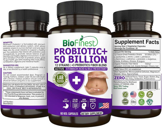 BioFinest Probiotic Enzyme Supplement - 50 Billion CFU, 12 Strains, 3 Prebiotics - Digestion Support for Men and Women - Acidophilus - 60 Veg. caps