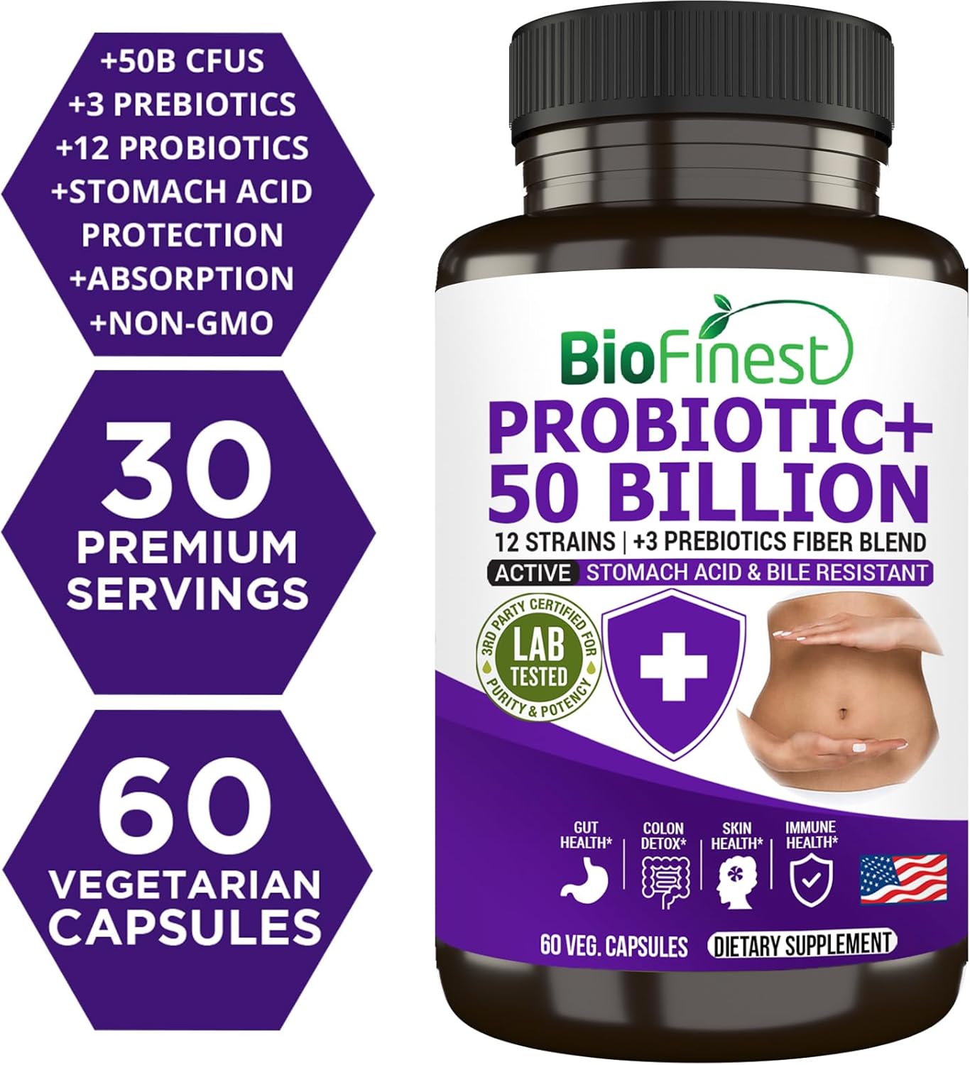BioFinest Probiotic Enzyme Supplement - 50 Billion CFU, 12 Strains, 3 Prebiotics - Digestion Support for Men and Women - Acidophilus - 60 Veg. caps