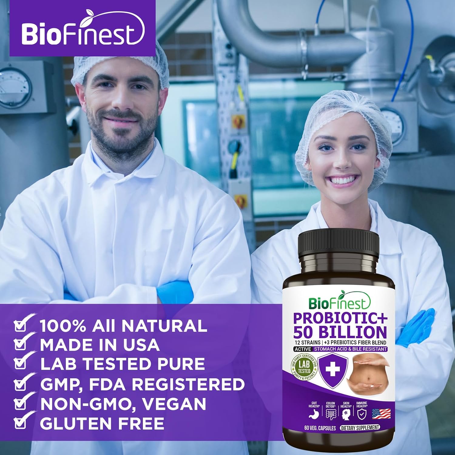 BioFinest Probiotic Enzyme Supplement - 50 Billion CFU, 12 Strains, 3 Prebiotics - Digestion Support for Men and Women - Acidophilus - 60 Veg. caps