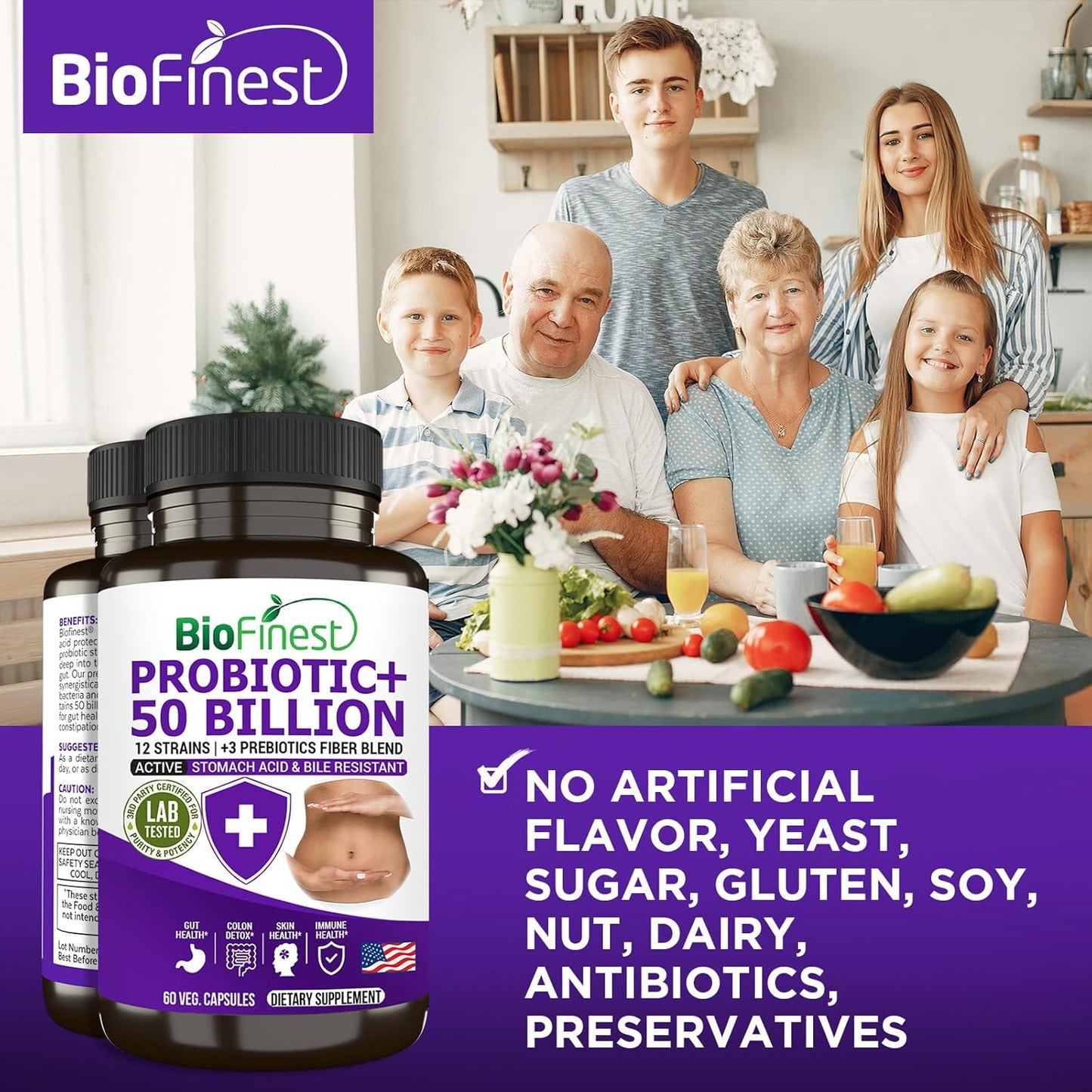 BioFinest Probiotic Enzyme Supplement - 50 Billion CFU, 12 Strains, 3 Prebiotics - Digestion Support for Men and Women - Acidophilus - 60 Veg. caps