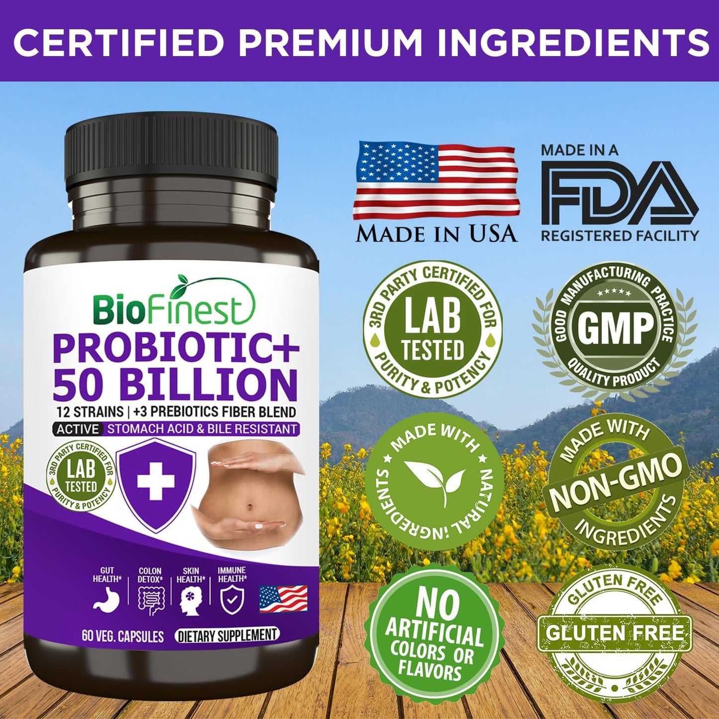BioFinest Probiotic Enzyme Supplement - 50 Billion CFU, 12 Strains, 3 Prebiotics - Digestion Support for Men and Women - Acidophilus - 60 Veg. caps