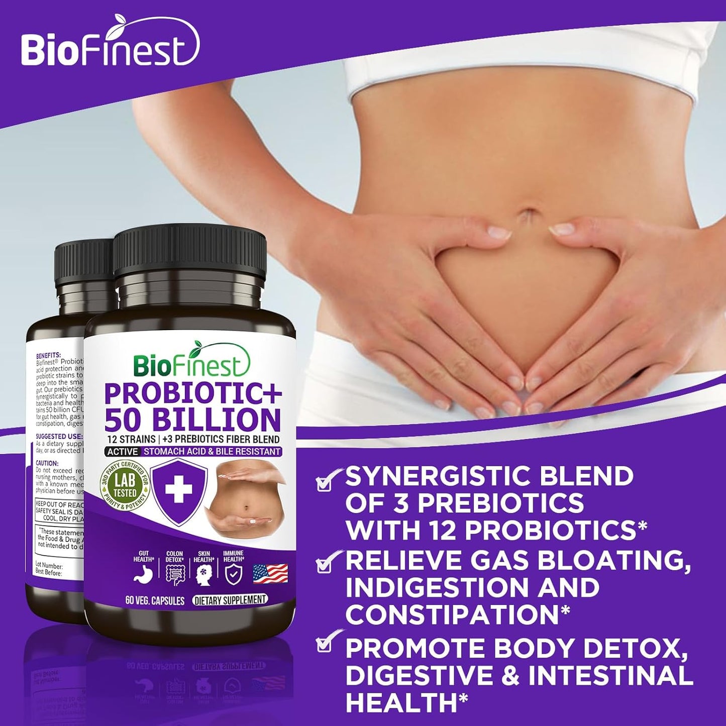 BioFinest Probiotic Enzyme Supplement - 50 Billion CFU, 12 Strains, 3 Prebiotics - Digestion Support for Men and Women - Acidophilus - 60 Veg. caps