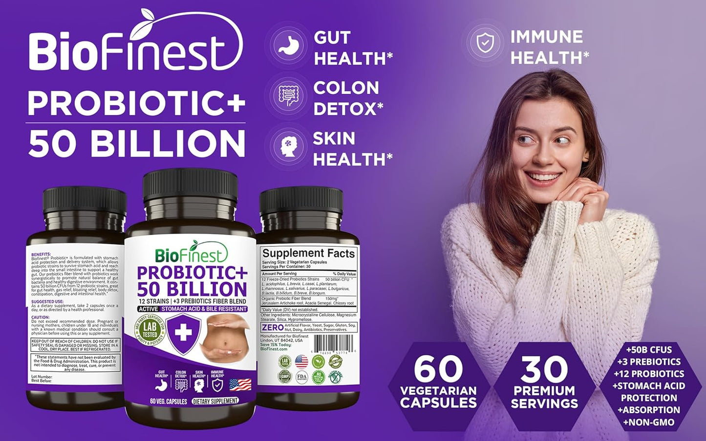 BioFinest Probiotic Enzyme Supplement - 50 Billion CFU, 12 Strains, 3 Prebiotics - Digestion Support for Men and Women - Acidophilus - 60 Veg. caps