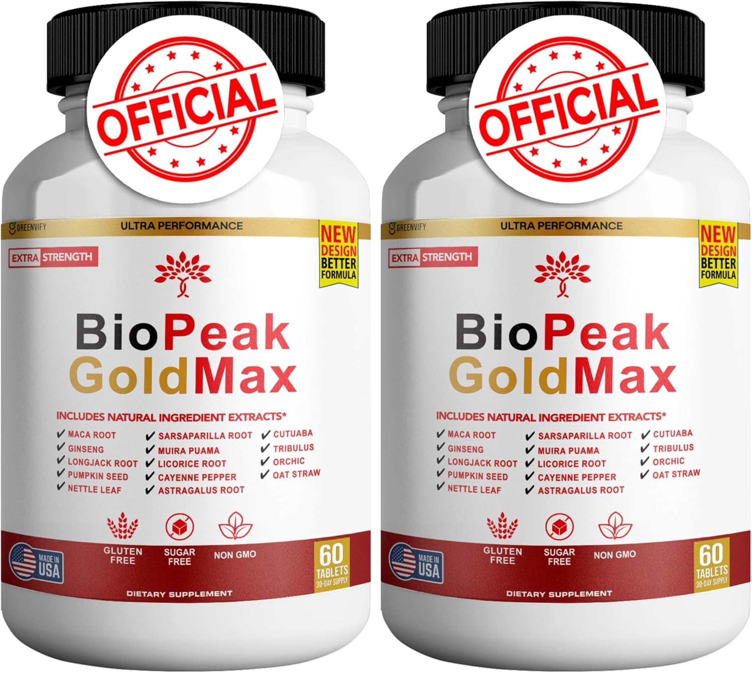 BioPeak GoldMax Extra Strength Natural Performance Supplement - 60 Tablets - Gluten Free, Sugar Free, Non-GMO - Made in USA