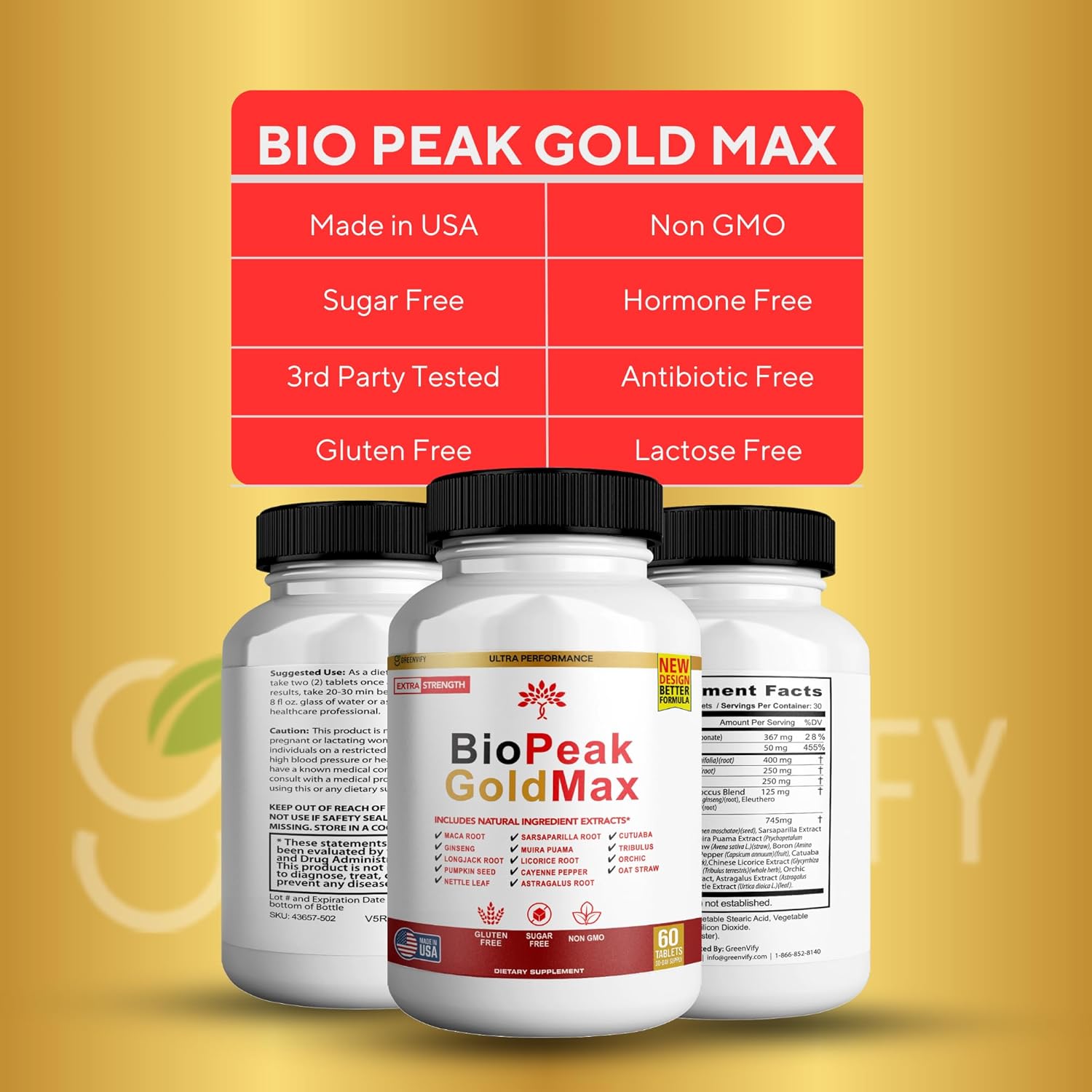 BioPeak GoldMax Extra Strength Natural Performance Supplement - 60 Tablets - Gluten Free, Sugar Free, Non-GMO - Made in USA