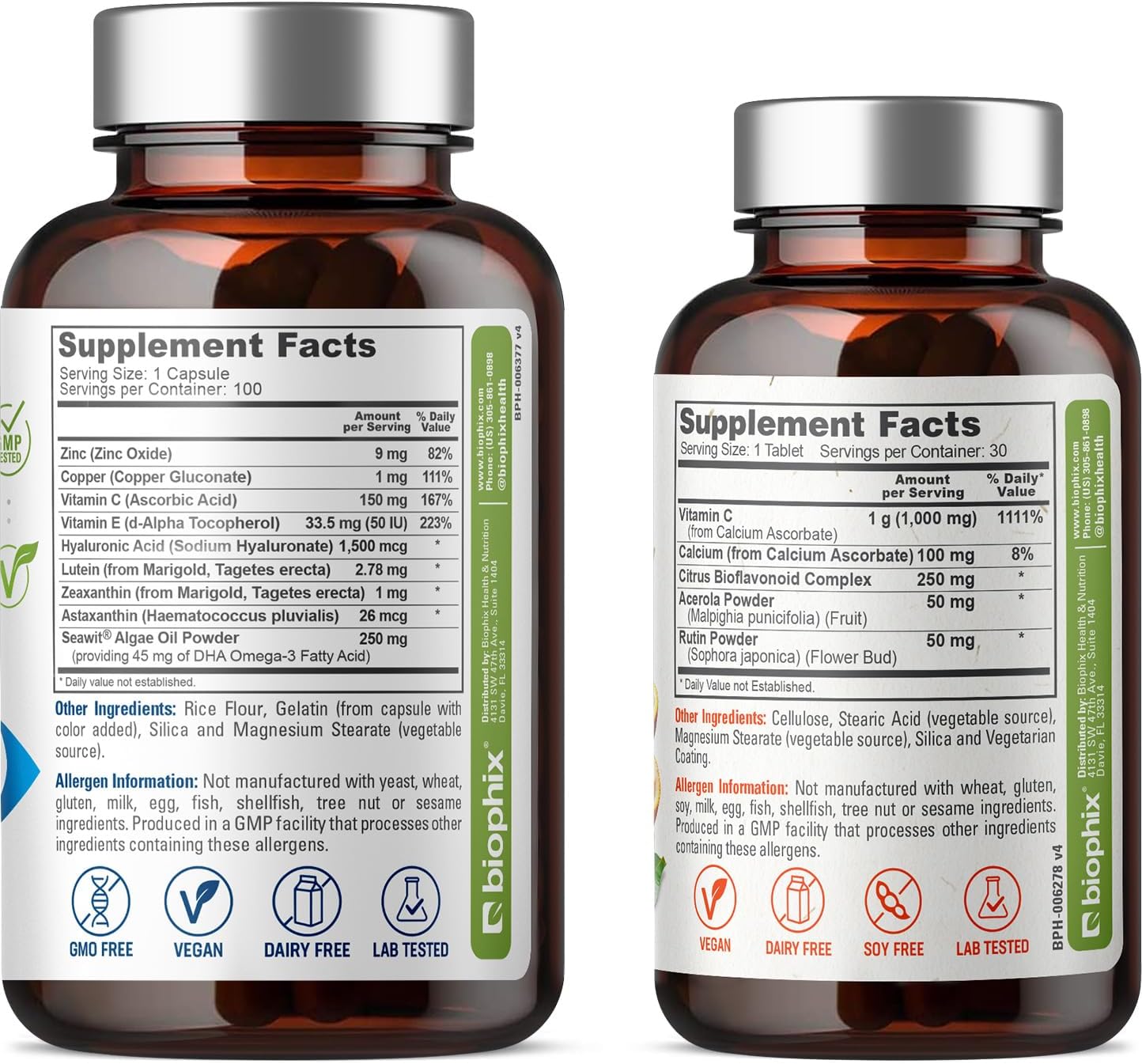 biophix Maximum Strength Retinal Support Complex - 100 Capsules with Free C-1000 Tablets - Vitamin C, E, Lutein, DHA, Omega-3, Zinc, Astaxanthin, and Hyaluronic Acid - Promotes Eye Health and Vision
