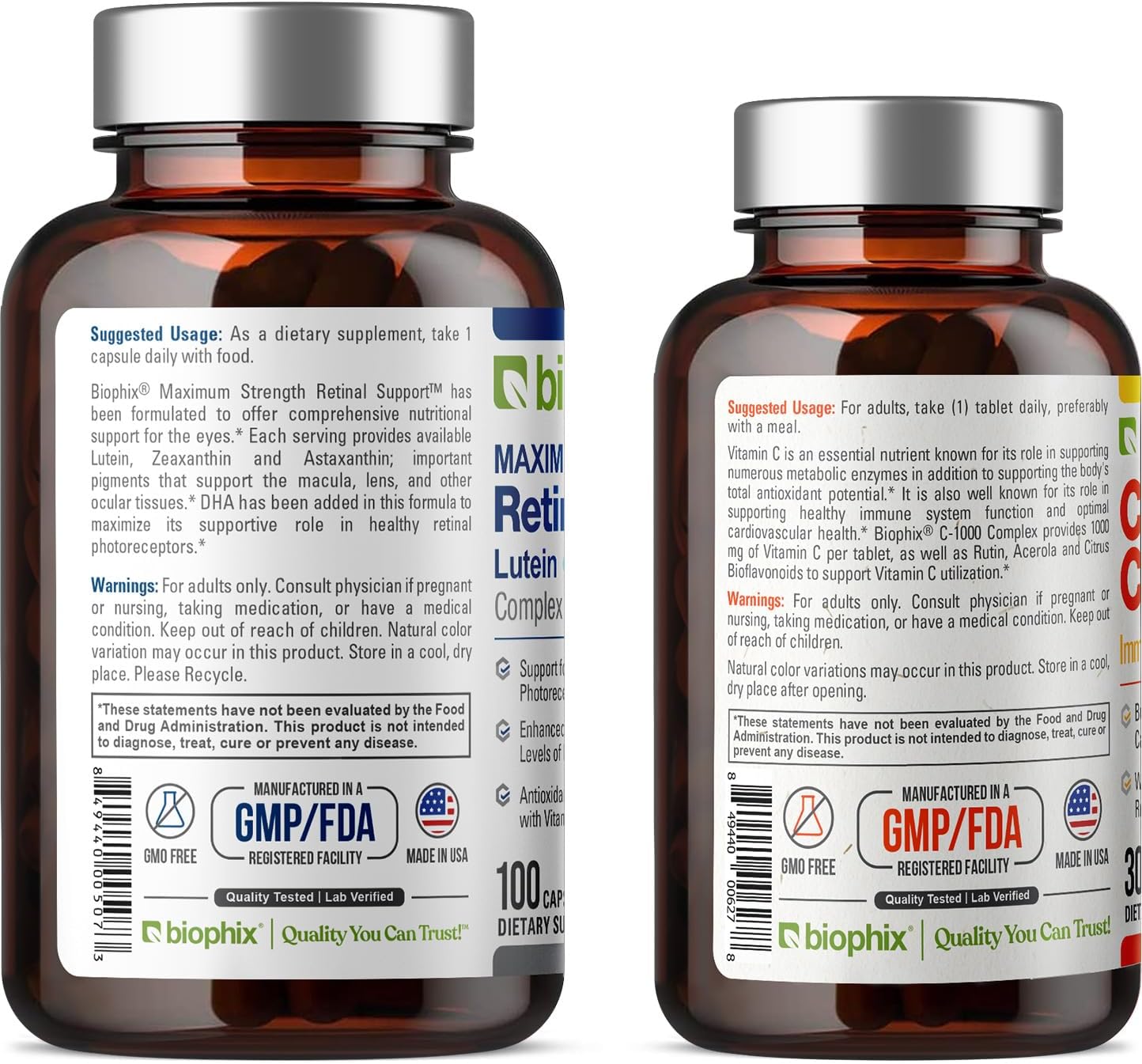biophix Maximum Strength Retinal Support Complex - 100 Capsules with Free C-1000 Tablets - Vitamin C, E, Lutein, DHA, Omega-3, Zinc, Astaxanthin, and Hyaluronic Acid - Promotes Eye Health and Vision